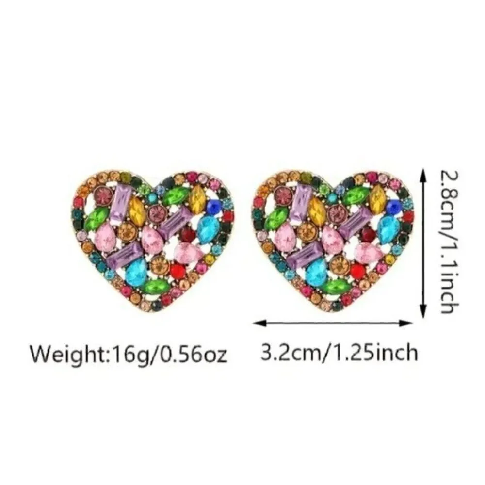 Colorful Heart Shaped Stud Earrings Embellished With Shiny Rhinestones - Picture 3 of 5